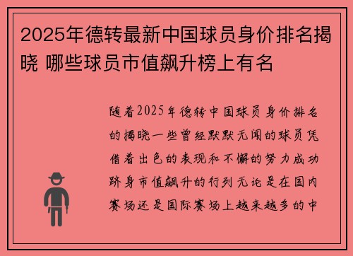 2025年德转最新中国球员身价排名揭晓 哪些球员市值飙升榜上有名